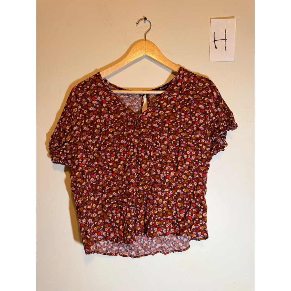 Madewell Blouse Ditsy Floral V-Neck Short Sleeve Burgundy XXS